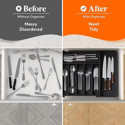 Silverware Drawer Organizer, Expandable Kitchen Drawer Organizer, Adjustable Cutlery Storage, Flatware and Cutlery Holder for Spoons Forks Knives (Gray)