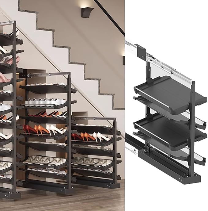 Pull-Out Shoe Rack Organizer for Closet Shoe Cabinet,Adjustable Height Retractable Metal Stackable Shoe Rack, Vertical Shelf Organizer for Small Bedroom Closet, Space Saving Storage, Black(72cm,4 Tier