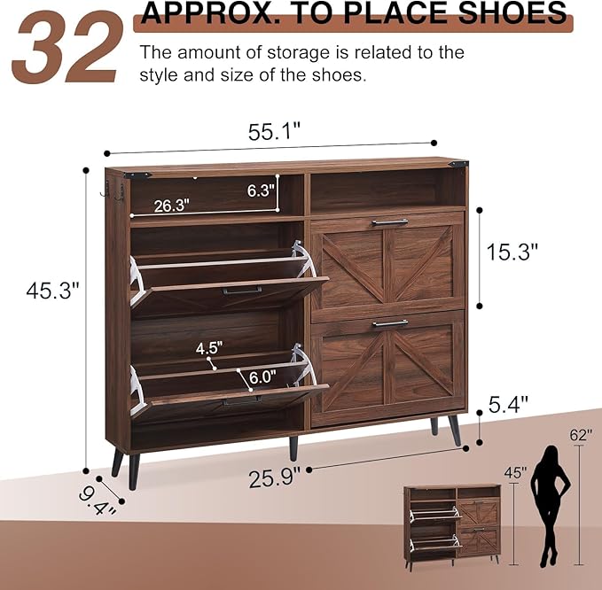 Barnyatoh Shoe Storage Cabinet,Farmhouse Shoe Organizer with 4 Flip Drawers & Barn Door Design,Freestanding Hidden Slim Narrow Shoe Rack Cabinet with Open Shelves for Entryway,Foyer,Hallway,Walnut