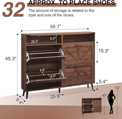 Barnyatoh Shoe Storage Cabinet,Farmhouse Shoe Organizer with 4 Flip Drawers & Barn Door Design,Freestanding Hidden Slim Narrow Shoe Rack Cabinet with Open Shelves for Entryway,Foyer,Hallway,Walnut