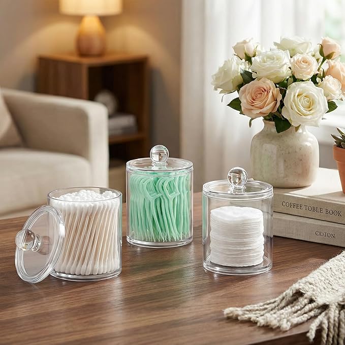 SheeChung 4-Pack Clear Acrylic Apothecary Jars with Labels - (2) 10oz & (2) 12oz Qtip Holder Set - Shatterproof Bathroom Vanity Organizer for Cotton Swabs, Balls, Pads - Minimalist Decor
