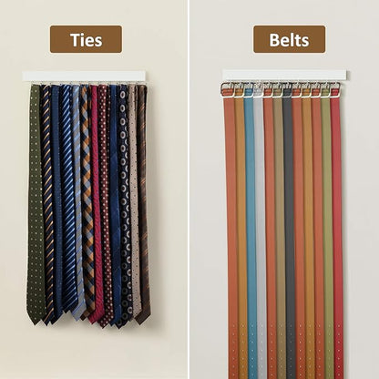 ZEDODIER 2 Pack Wodden Tie Hanger Wall Mounted, Space Saving Belt Organizer for Man with 24 180° Rotating Hooks, Space Saving Belt Storage Holder, White