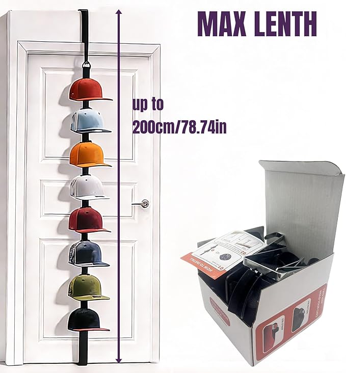 Over-the-Door Hat Rack Organizer with Clips,Hat Holder for Door,Hat Organizer for Baseball Caps,Adjustable No-Drill Anti-Drop Hat Storage with Display Hooks for Bedroom, Dorm or Doors