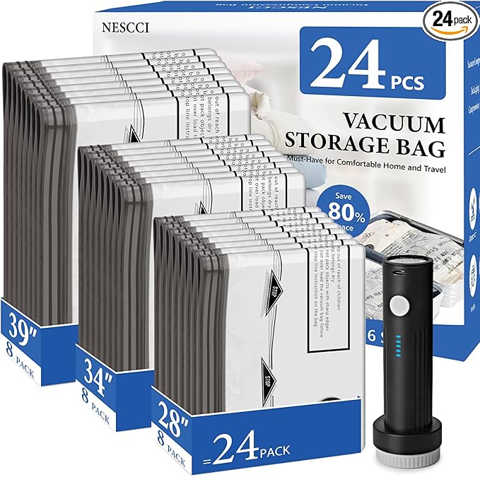NESCCI Travel Vacuum Bags for Clothing with Rechargeable Wireless air Pump,24 Pack Compression Packing Bags for Luggage Suitcase,Carry-on Size Space Saver Vacuum Storage Bags