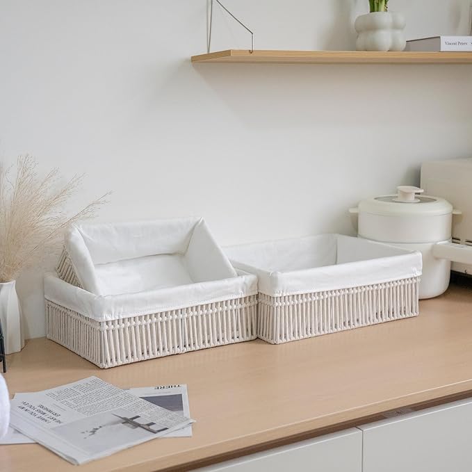 Cotton Rope Storage Baskets (Set of 3) - Hand Woven Organizing Basket with Removable Liner & Iron Frame, Decorative Shelf Storage for Closet & Bedroom (Off-white)