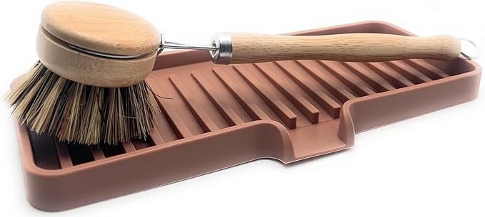 Silicone Soap Dish Tray and Sponge Holder with Drain Chute, Rectangular, Kitchen and Bathroom Sink Organizer (Mocha, 9"x3.5")