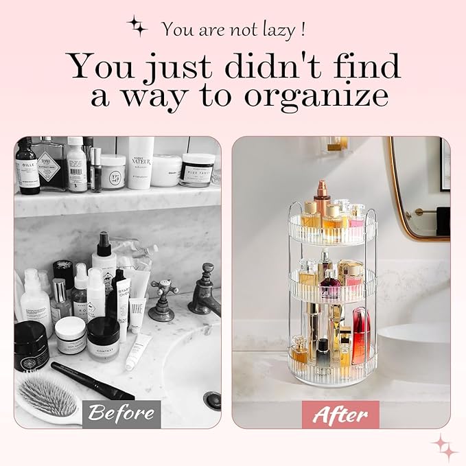 360 Rotating Makeup Organizer and Storage for Vanity Countertop 3 Tiers, High Capacity Cosmetic Skincare Perfume Organizers for Dresser Bathroom Lazy Susan