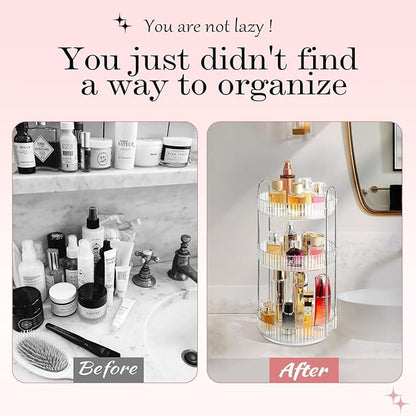 360 Rotating Makeup Organizer and Storage for Vanity Countertop 3 Tiers, High Capacity Cosmetic Skincare Perfume Organizers for Dresser Bathroom Lazy Susan