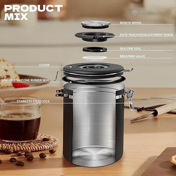 Coffee Canisters with Window,Scoop and Airtight Lid Stainless Steel Kitchen Bean Storage Grounds Container Date Tracker and Scoop for Grounds Coffee Bar Accessories (Black+window, 38 oz)