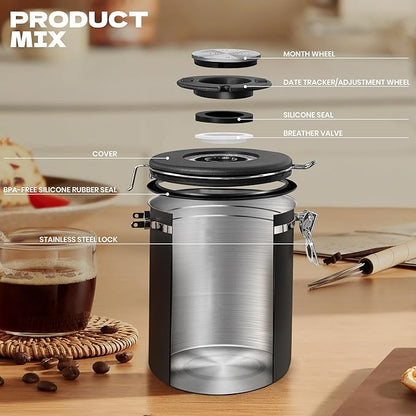 Coffee Canisters with Window,Scoop and Airtight Lid Stainless Steel Kitchen Bean Storage Grounds Container Date Tracker and Scoop for Grounds Coffee Bar Accessories (Black+window, 38 oz)