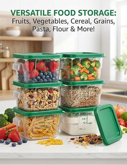 4 Pack 2QT Food Storage Containers with Green Lids, Clear Square Restaurant Commercial Food Storage Containers with Handle and Scale, Marinating Container Dough Rising Bucket for Home & Dining