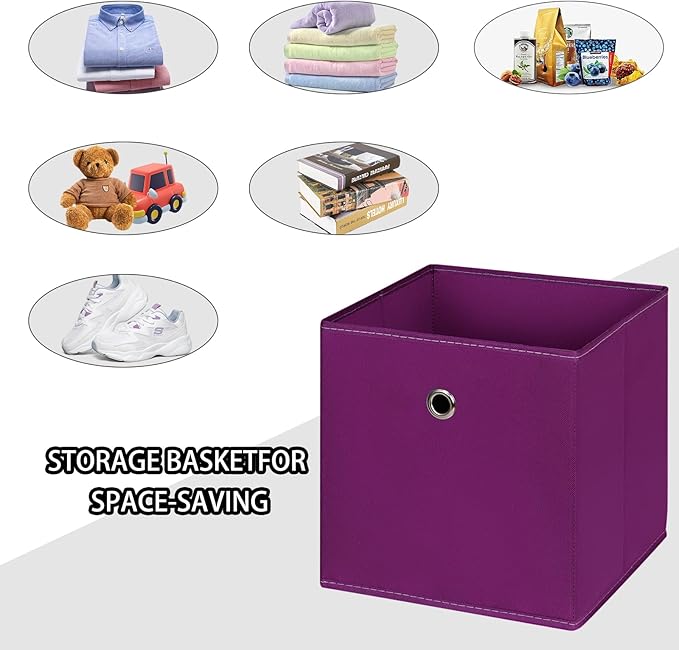 Foldable Storage Cubes Bins ,11 Inch Cloth Storage Cube Fabric Storage Box Cubes Organizer Baskets with Handles for Home Organizer Set of 6 (Purple)