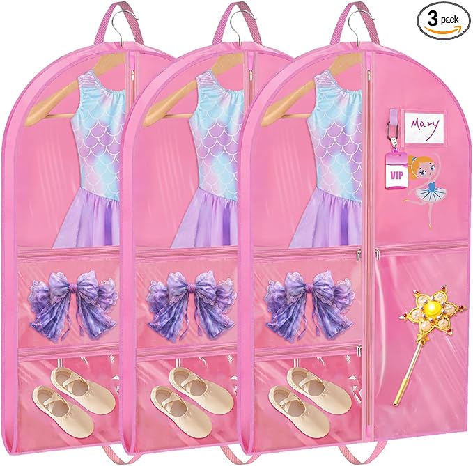 3 Pack Hanging Dance Garment Bag, 40 Inch Waterproof Costumes Bag for Travel, Pink Clothes Bag with 5 Pockets for Dance, Sports, Skating, Beauty Pageants, Theatre