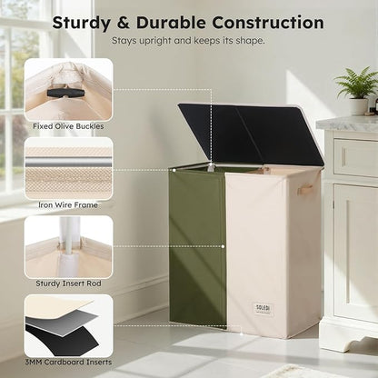 SOLEDI Large Double Laundry Hamper with Lid, Collapsible Clothes Hamper 2 section with Removable Bags, Space-Saving Laundry Basket for Bedroom, Dorm, College