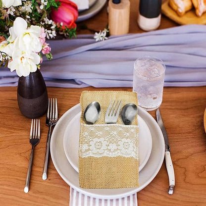 TM 100 Pack Natural Burlap Cutlery Holder Pouch Bag 4x8.5 Inch with Lace Silverware Napkin Holders Wedding Party Bridal Shower Table Setting Table Decoration
