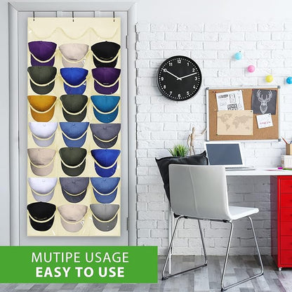 Dofilachy Hat Rack - Hat Organizer - Hat Racks for Baseball Caps, Visible Hat Holder - Baseball Hat Rack for Wall Door with 3 Hooks, 24 Deep Pockets (Beige,large)