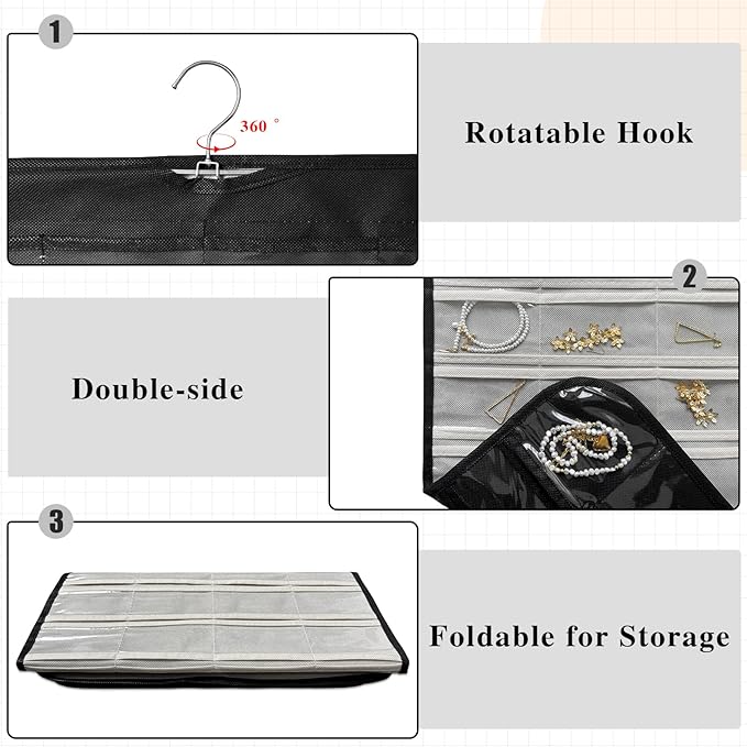 1 Pack Hanging Jewelry Organizer 80-Pocket Dual-sided Jewelry Storage for Earring Necklace Bracelet Ring Travel Holder, Black and White