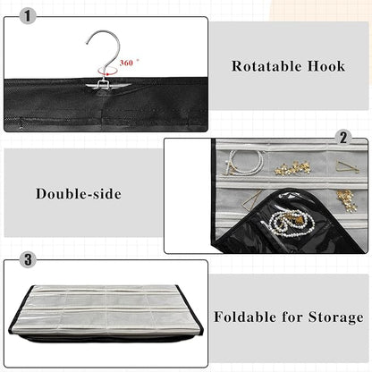 1 Pack Hanging Jewelry Organizer 80-Pocket Dual-sided Jewelry Storage for Earring Necklace Bracelet Ring Travel Holder, Black and White