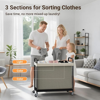 ELYKEN Laundry Hamper 3 Section, 120L Rolling Laundry Sorter with Removable Liner Bag, Laundry Basket with Wheels, Steel Frame with Metal Handle, Clothes Hamper Cart for Laundry Room & Bedroom