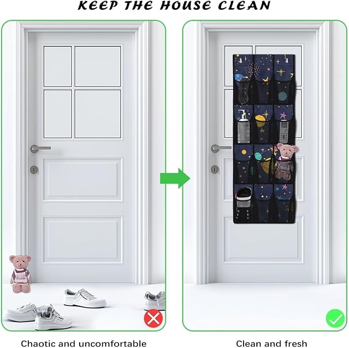 Over the Door Organizer with 12 Mesh Pockets, Storage Hanging Bag Behind the Door for Shoes Toys Cleaning Supplies, Perfect for Bedroom Bathroom or College Dorm, Planet