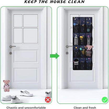 Over the Door Organizer with 12 Mesh Pockets, Storage Hanging Bag Behind the Door for Shoes Toys Cleaning Supplies, Perfect for Bedroom Bathroom or College Dorm, Planet