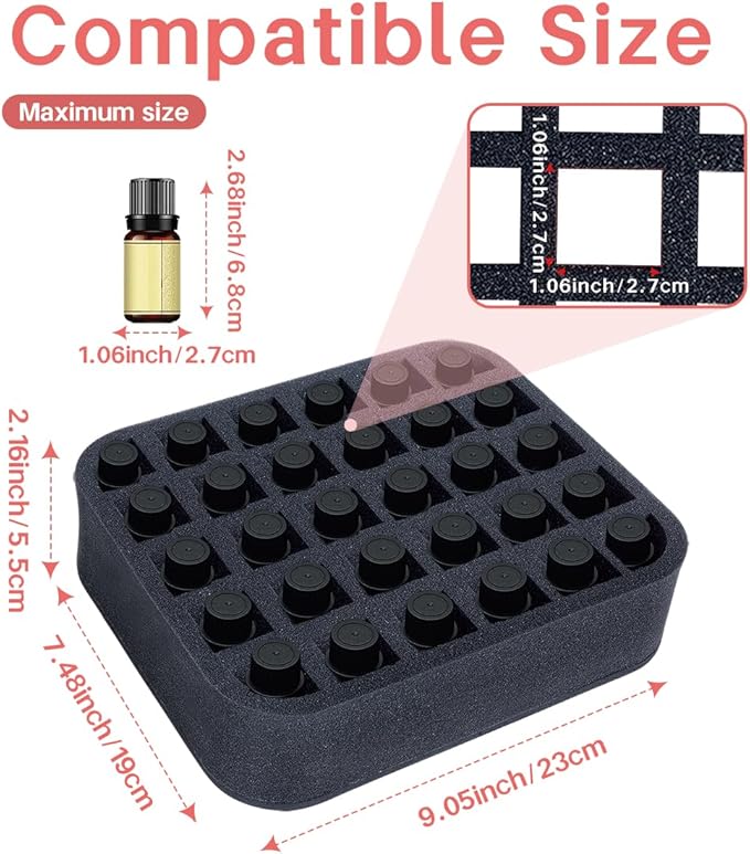 Essential oils Organizer Holder Foam Pad with Slots, Holds 30 bottles of 10ml、15ml Bottles, Removable Dividers，Black