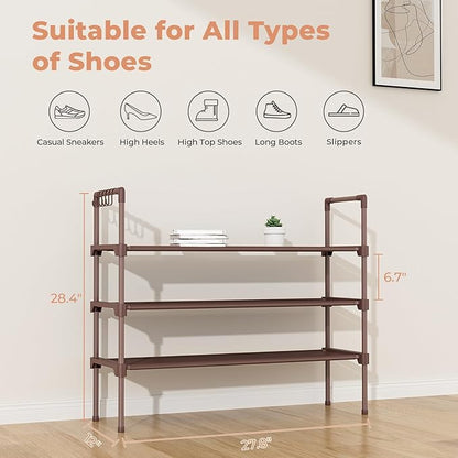 LANTEFUL 3 Tier Shoe Rack for Closet Shoe Organizer with 5 Hooks, Long Shoe Shelf Storage for Shoe and Boot Stackable Free Standing Shoe Rack for Entryway, Garage, Small Spaces, Dorm, Brown