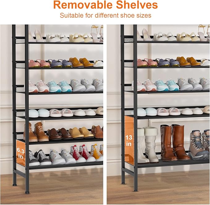 Large Shoe Rack 8 Tier Shoe Organizer, Heavy Duty Metal Shoe Storage Vertical Shoe Rack for Closet Front Door Entrance, Up to 28 Pairs, Top Wooden Storage Shelf, Black