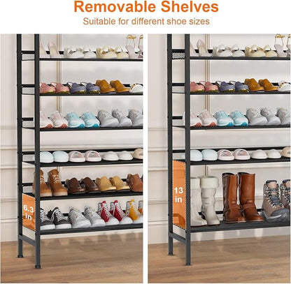 Large Shoe Rack 8 Tier Shoe Organizer, Heavy Duty Metal Shoe Storage Vertical Shoe Rack for Closet Front Door Entrance, Up to 28 Pairs, Top Wooden Storage Shelf, Black