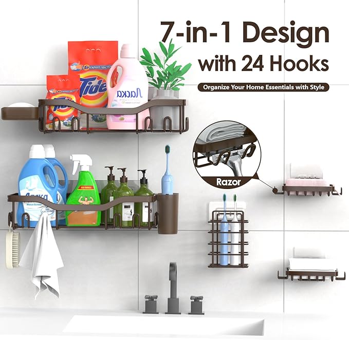 NESOMI Shower Caddy Adhesive Shower Organizer 7-Pack, Rustproof Stainless Steel Bathroom Shelves, Large Capacity No-Drill Rack Storage Accessories with Soap Dish Toothbrush Holder Hooks