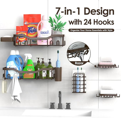 NESOMI Shower Caddy Adhesive Shower Organizer 7-Pack, Rustproof Stainless Steel Bathroom Shelves, Large Capacity No-Drill Rack Storage Accessories with Soap Dish Toothbrush Holder Hooks