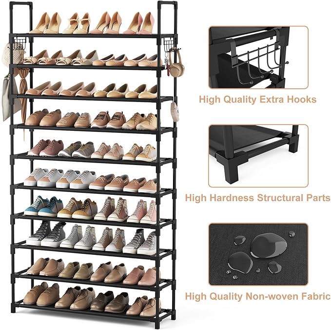 VTRIN 10 Tier Shoe Rack Tall Large Capacity Wide Shoe Organizer with Two Hooks Sturdy Metal Shoe Shelf for Entryway, Closet, Bedroom