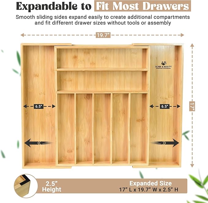 AB Home & Beauty Expandable Bamboo Drawer Organizer for Kitchen Utensils - Adjustable Silverware Organizer, Non-Slip Bamboo Cutlery Tray, Eco-Friendly Kitchen Drawer Storage