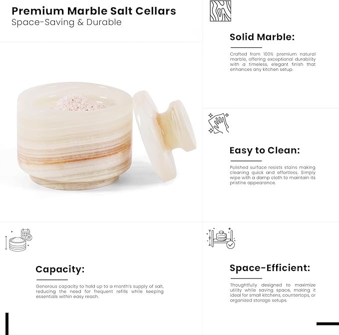 MARBLOUS KRAFTS 3" White Onyx Marble Salt Cellars with Lids, Flaky Salt Holder, Spice Container, Sugar Jar for Countertop, Set of 3 Kitchen Storage Bowls, Perfect Mother’s Day Gift for Her