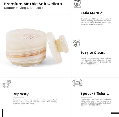 MARBLOUS KRAFTS 3" White Onyx Marble Salt Cellars with Lids, Flaky Salt Holder, Spice Container, Sugar Jar for Countertop, Set of 3 Kitchen Storage Bowls, Perfect Mother’s Day Gift for Her