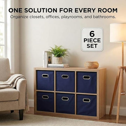 Household Essentials Fabric Storage Bins 6 Piece Set, Strong Poly-Woven Fabric, Sturdy Chipboard Sides, Grommet Front Handle, Stackable and Foldable, Classic Design, Navy