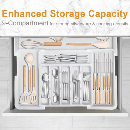 Homecor Silverware Organizer for Kitchen Drawer, Expandable Utensil Drawer Organizer with 2 Knife Block, Flatware and Cutlery Holder, Adjustable Plastic Storage for Spoons Forks Knives