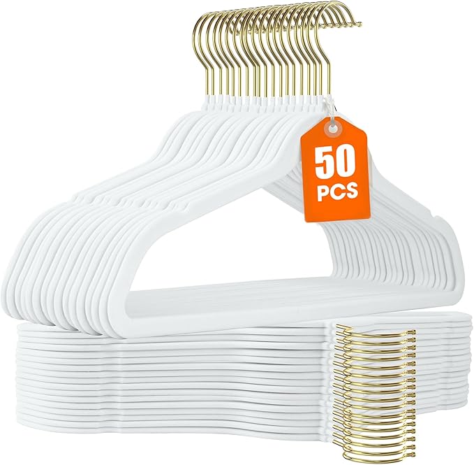 50 Pack White Velvet Hangers,Non Slip,Heavy-Duty,Slim,Space Saving,with Felt Surface and Gold 360°Swivel Hook,for Pants,Outfit,Skirts,Suits,Coats,Dresses ect.