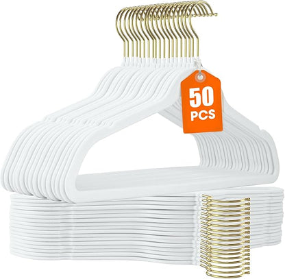 50 Pack White Velvet Hangers,Non Slip,Heavy-Duty,Slim,Space Saving,with Felt Surface and Gold 360°Swivel Hook,for Pants,Outfit,Skirts,Suits,Coats,Dresses ect.