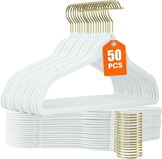 50 Pack White Velvet Hangers,Non Slip,Heavy-Duty,Slim,Space Saving,with Felt Surface and Gold 360°Swivel Hook,for Pants,Outfit,Skirts,Suits,Coats,Dresses ect.