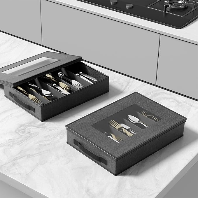 Aokeyee 2-Pack Silverware Storage Box, Sturdy Flatware Organizer with 5 Compartments & Adjustable Dividers, Utensil Case with Clear Lid & Handle for Knives, Forks & Spoons, Gray