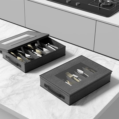 Aokeyee 2-Pack Silverware Storage Box, Sturdy Flatware Organizer with 5 Compartments & Adjustable Dividers, Utensil Case with Clear Lid & Handle for Knives, Forks & Spoons, Gray