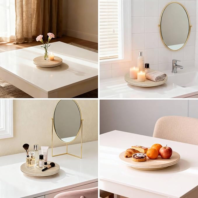 Faux Travertine Lazy Susan, 11.5" Rotating Round Serving Tray for Kitchen Countertop, Dining Table or Vanity Organizer