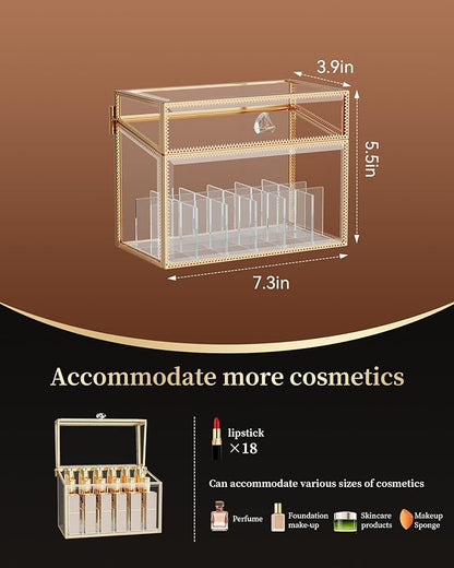 CoralHouse Lipstick Organizer,Luxury Tempered Glass Lipstick Holder & Nail Polish Organizer, 18-Slot Vanity Cosmetic Organizer with Removable Dividers, Gold