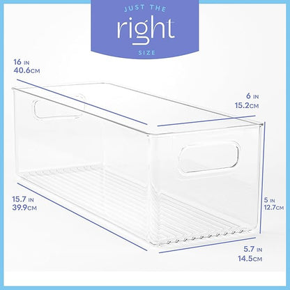 Plastic Food Storage 4 Pack Clear Container Bin with Handles for Organizing Kitchen, Pantry, Refrigerator, Freezer, Pantry, Cabinet, Closet, Bathroom. 16”x6”x5”