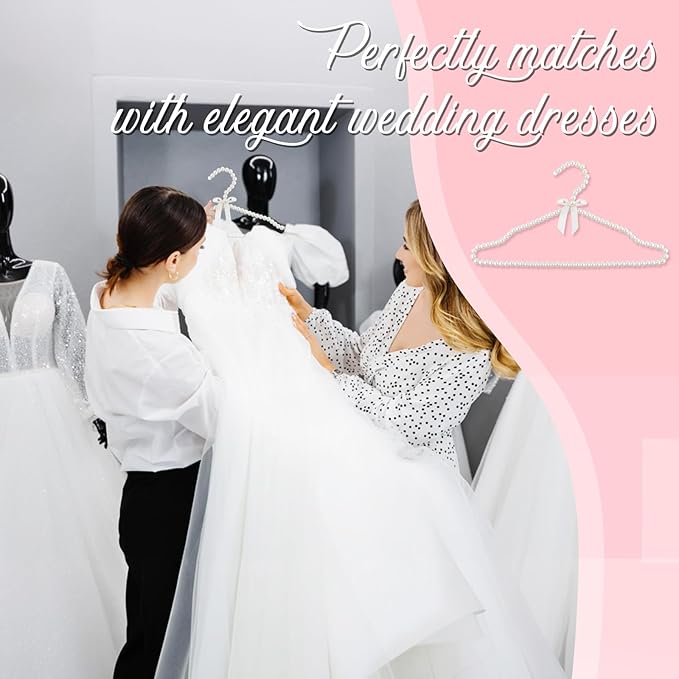 5 Pack Pearl Beaded Clothes Hangers Clothing Hanger with Ribbon Bowknot Elegant Bridesmaid Hangers Closet Coat Storage Organizer for Women Bride Wedding (White)