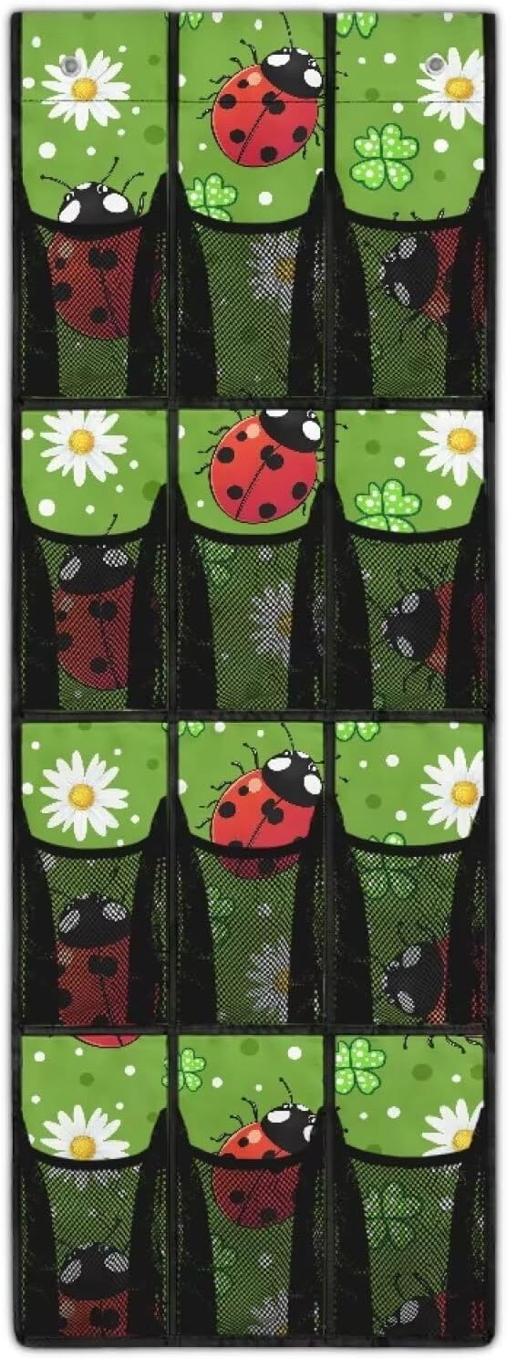 Door Organizer Hanging, Ladybug Collapsible Over the Door Shoe Rack 12 Pocket Waterproof Space Saving Door Hanging Storage for St Patrick‘s Day Wall Door Home Decor