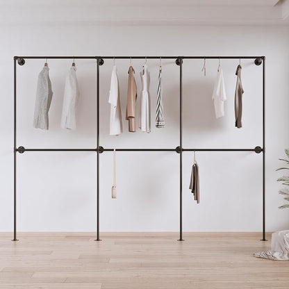 Black Industrial Pipe Clothing Rack 110" W Wall Mounted, Heavy Duty Iron Garment Rack 150 lbs per Rod, Open Closet Organizer for Bedroom Laundry Room Retail Display