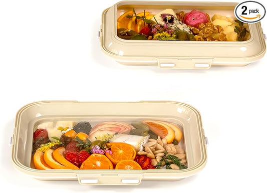 Crudités | Portable Snack Tray | Rectangle 2-Pack | Cream White | Reversible Stretch Lid Food Containers | BPA-Free, Freezer & Dishwasher Safe | Meal-Prep, Charcuterie, Salads, Picnic, Travel