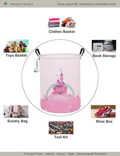 Laundry Hamper, Round Waterproof Storage Basket with Handle, Foldable, Pink Castle, 19.7in(H) x 15.7in(D), for Children's Room and Toy Storage